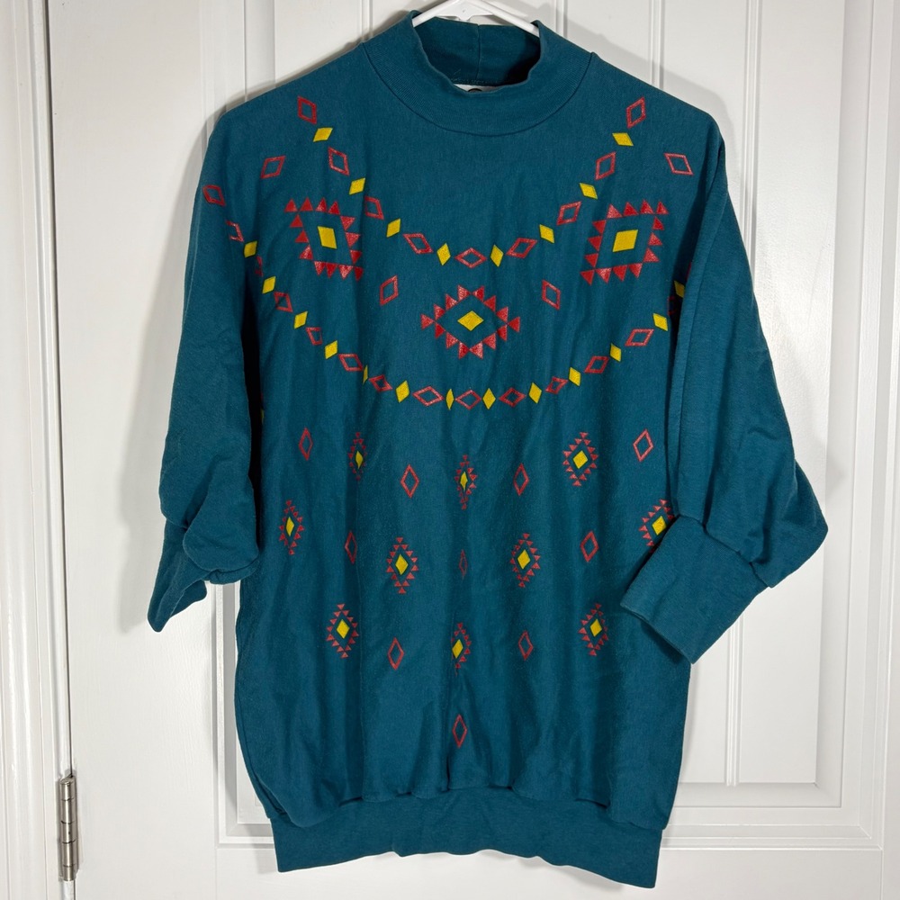 Vintage Teal Southwestern Geometric Mock Neck Sweatshirt Puff Sleeve Women L